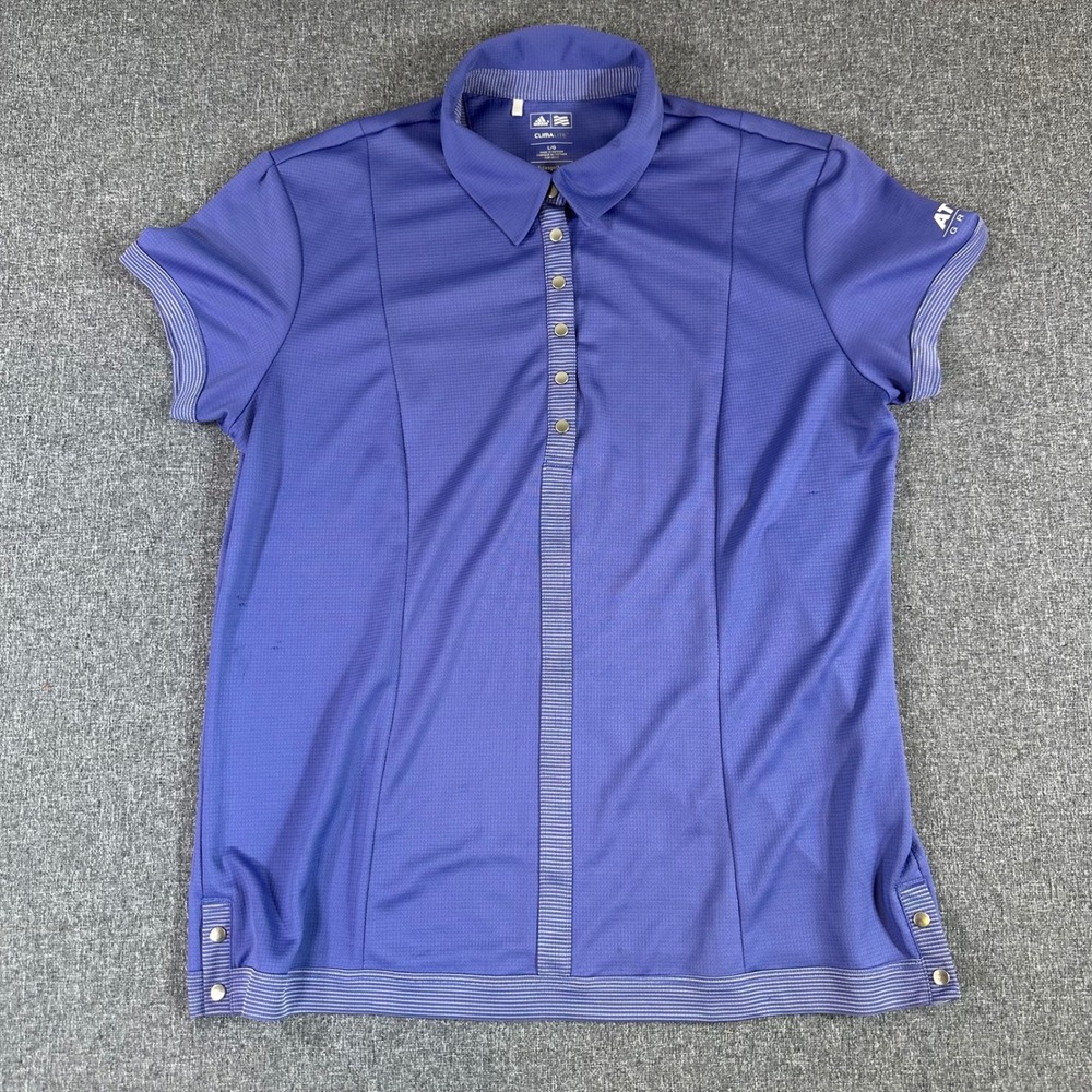 Adidas Golf Climalite Polo Shirt Mens Large Blue Purple Snap Button ATCO Logo